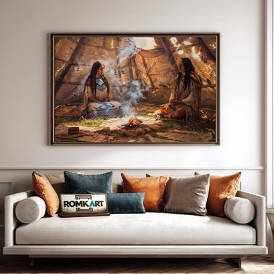 Native American Praying inside Teepee Oil Painting - image 4