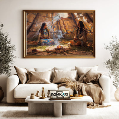 Native American Praying inside Teepee Oil Painting - image 5