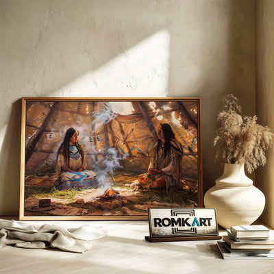 Native American Praying inside Teepee Oil Painting - image 6