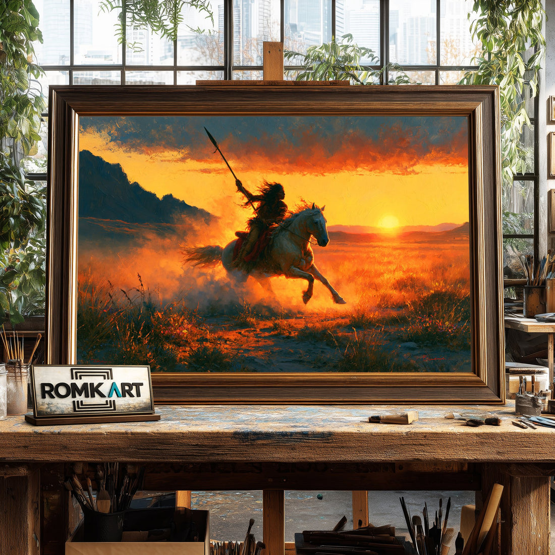 Native American Rider on Horseback hand-painted oil painting on canvas