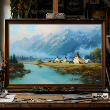 Native American Riverside hand-painted oil painting on canvas