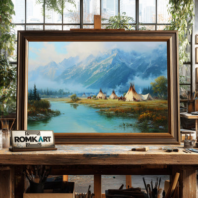 Native American Riverside Waterscape Oil Painting - image 2