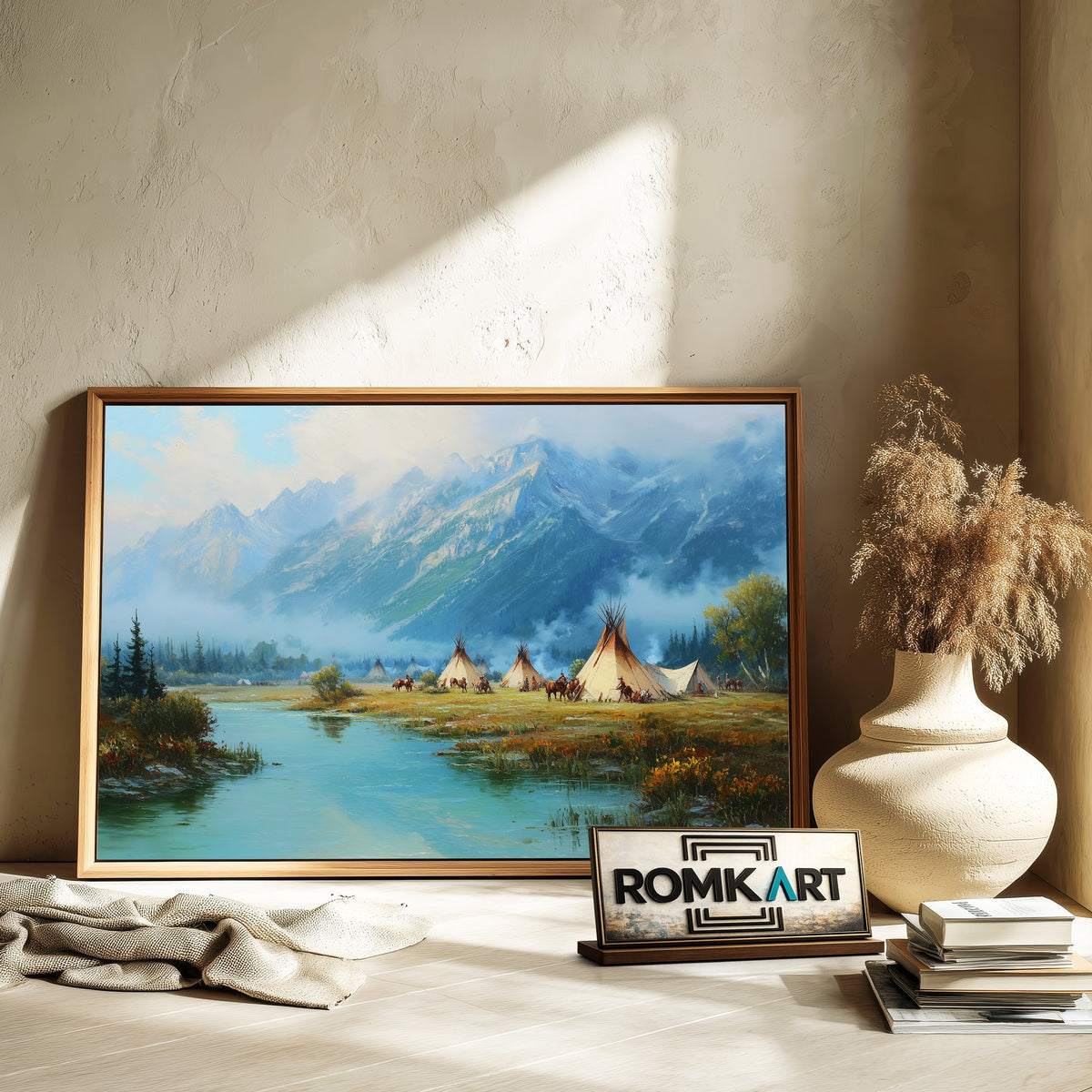 Native American Riverside Waterscape Oil Painting - image 6