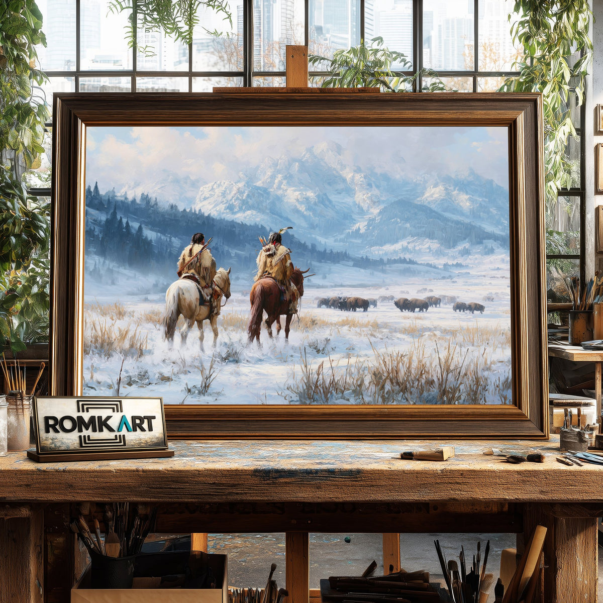 Native American Snow Mountainside Oil Painting - image 2