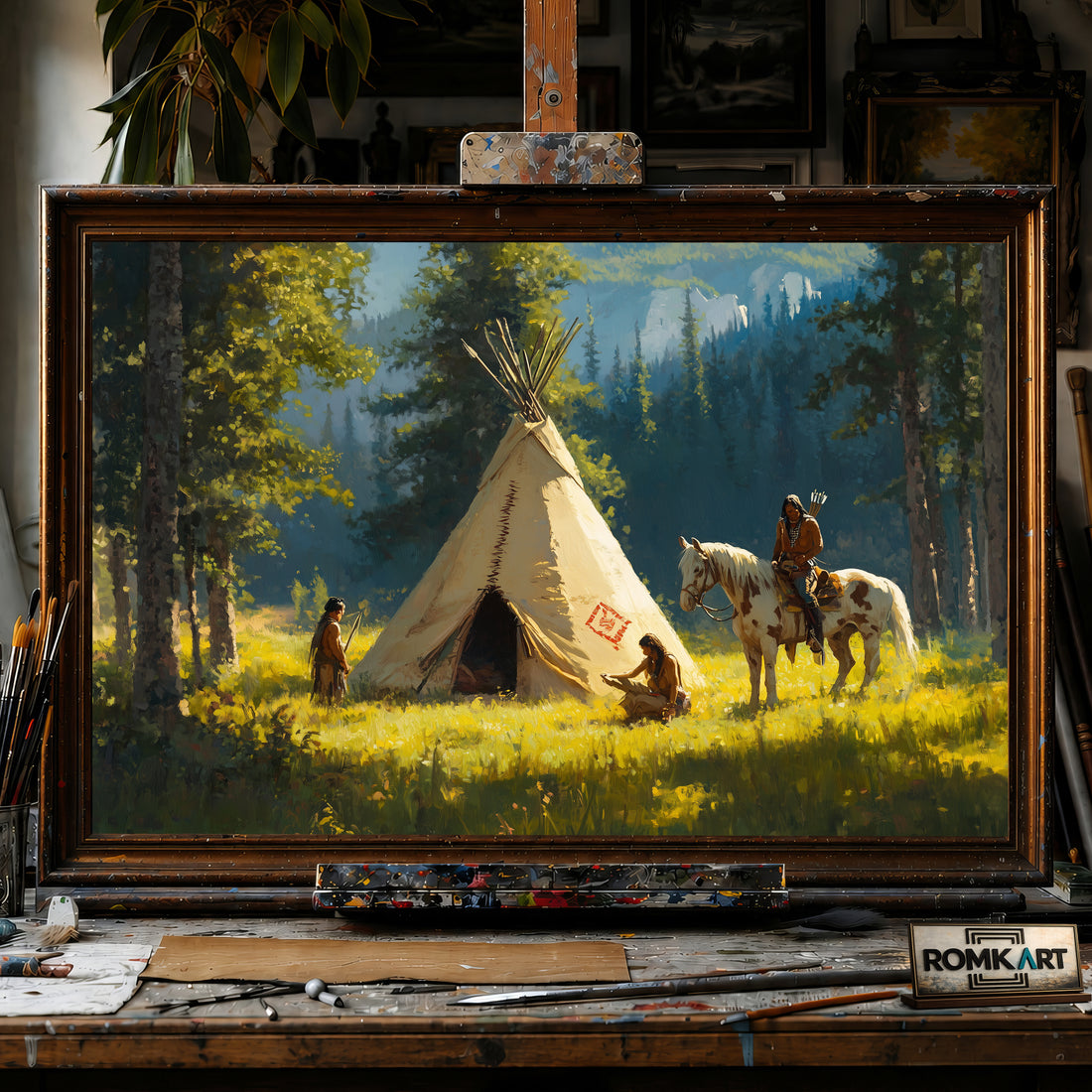 Native American Tipi Landscape hand-painted oil painting on canvas