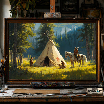Native American Tipi Landscape hand-painted oil painting on canvas