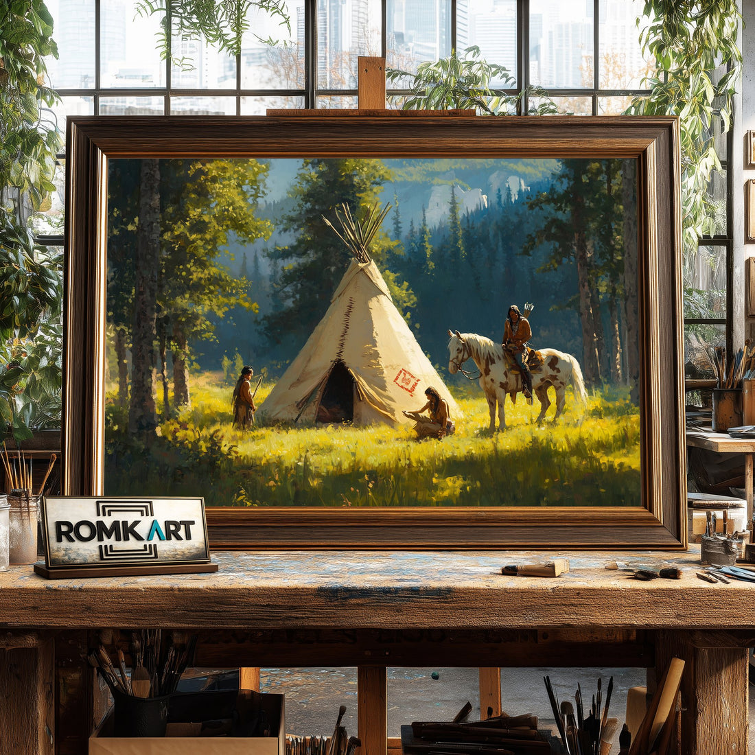 Native American Tipi Landscape hand-painted oil painting on canvas