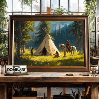 Native American Tipi Landscape Oil Painting - image 2