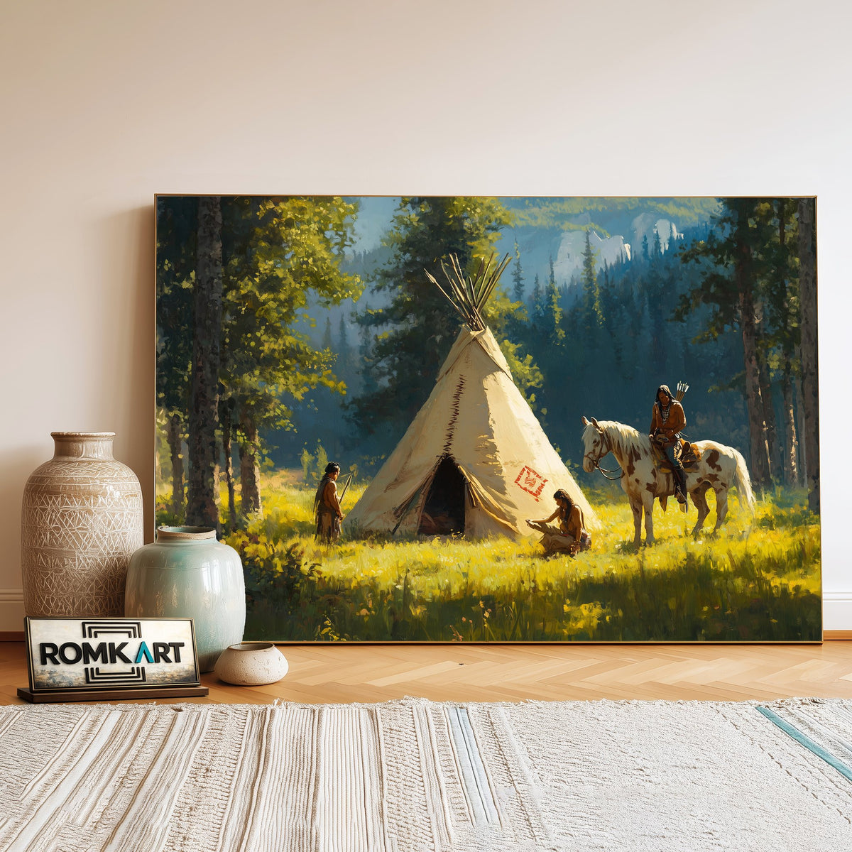Native American Tipi Landscape Oil Painting - image 3