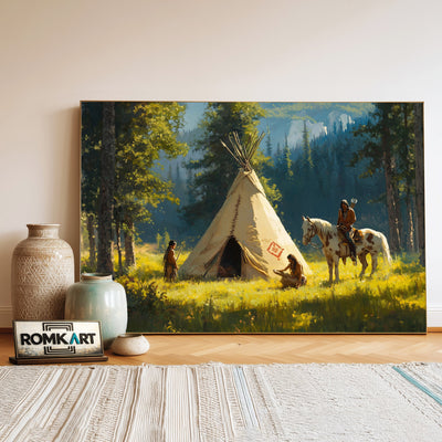 Native American Tipi Landscape Oil Painting - image 3
