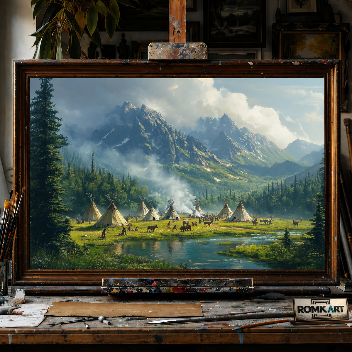 Native American Village hand-painted oil painting on canvas