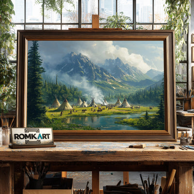 Native American Village Countryside Oil Painting - image 2