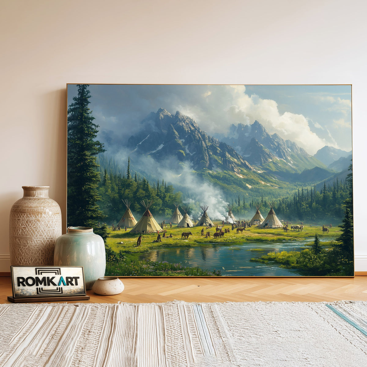 Native American Village Countryside Oil Painting - image 3