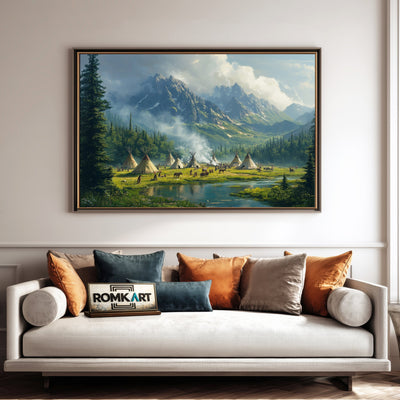 Native American Village Countryside Oil Painting - image 4