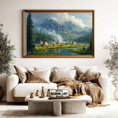 Native American Village Countryside Oil Painting - image 5