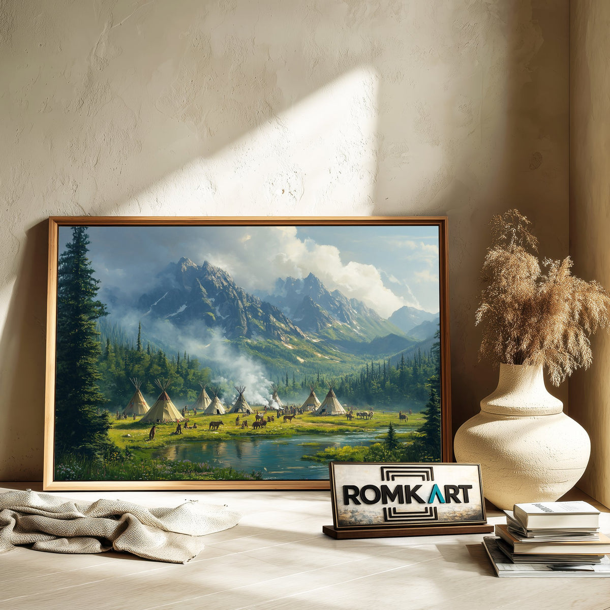 Native American Village Countryside Oil Painting - image 6