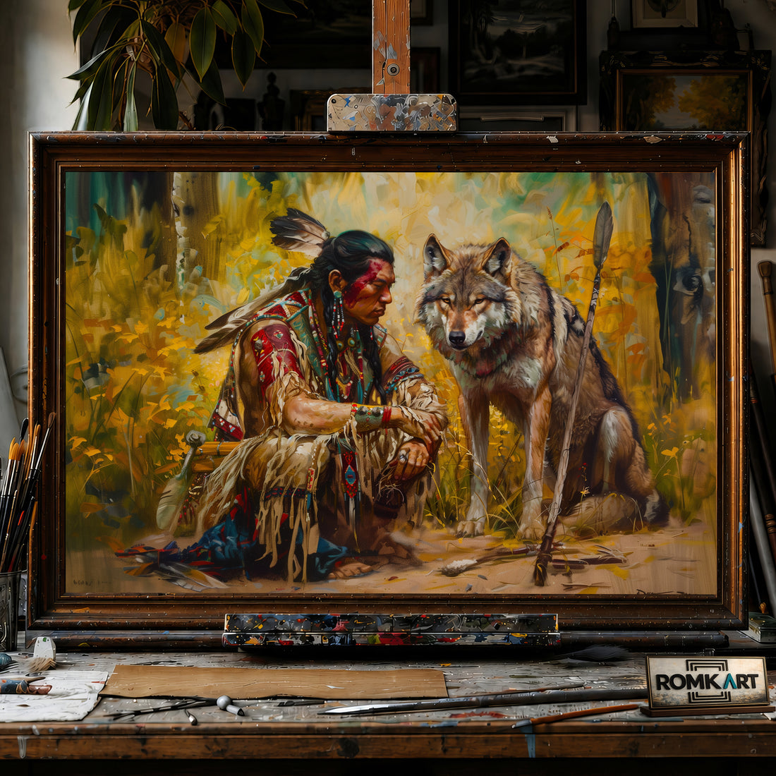 Native American Warrior and the Wolf hand-painted oil painting on canvas