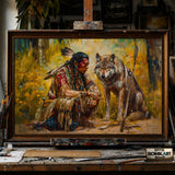 Native American Warrior and the Wolf hand-painted oil painting on canvas