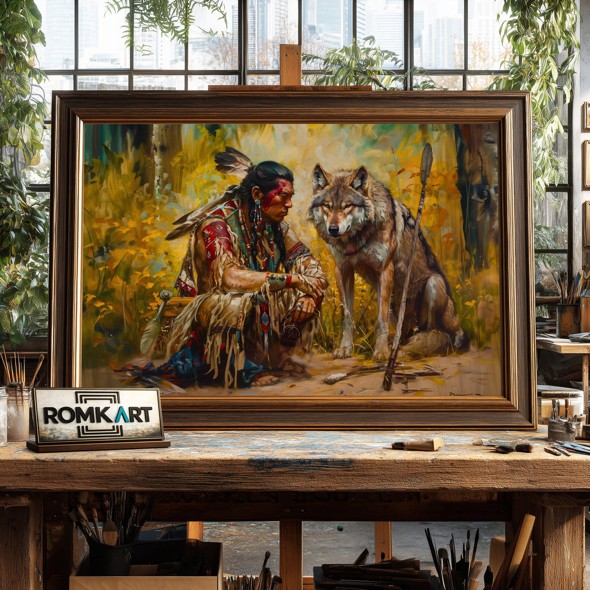 Native American Warrior and the Wolf Historical Oil Painting - image 2