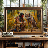 Native American Warrior and the Wolf Historical Oil Painting - image 2