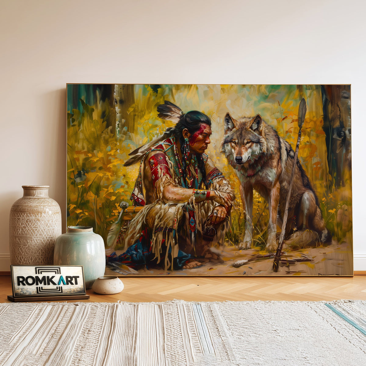 Native American Warrior and the Wolf Historical Oil Painting - image 3
