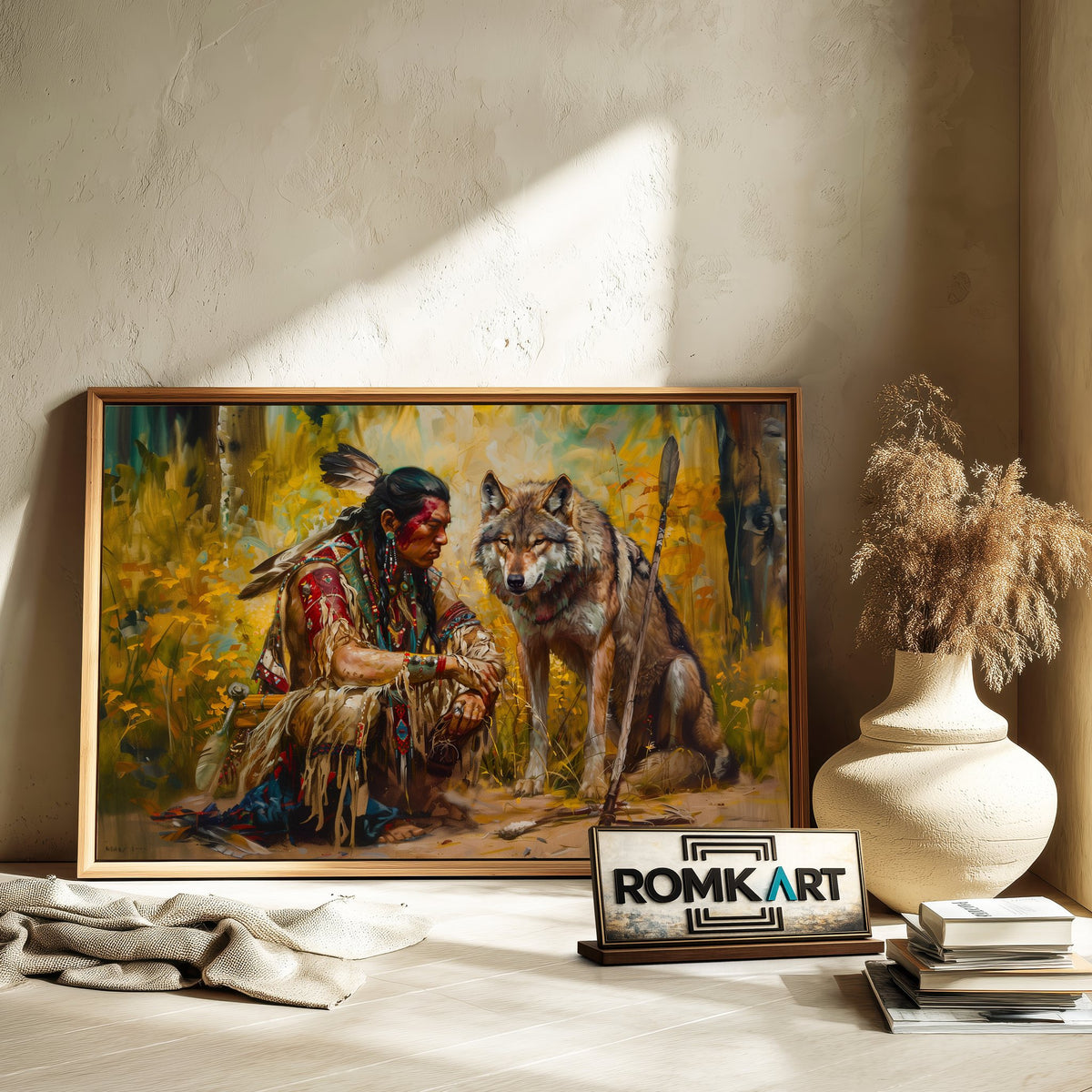 Native American Warrior and the Wolf Historical Oil Painting - image 6