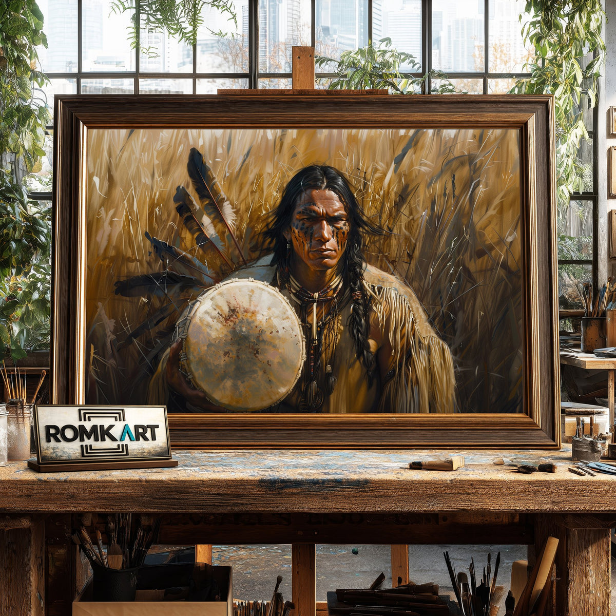 Native American Warrior Historical Oil Painting - image 2