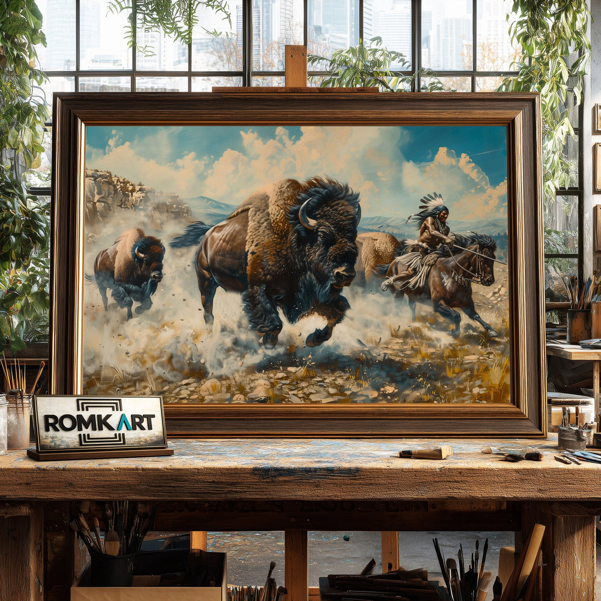 Native American warriors hunting bison Oil Painting - image 2