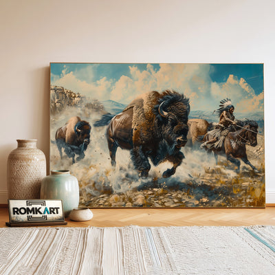 Native American warriors hunting bison Oil Painting - image 3