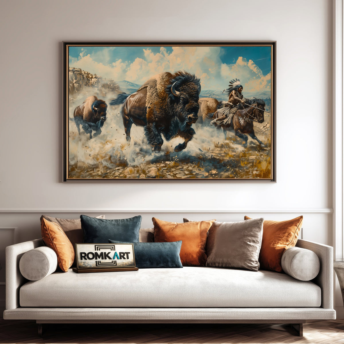 Native American warriors hunting bison Oil Painting - image 4