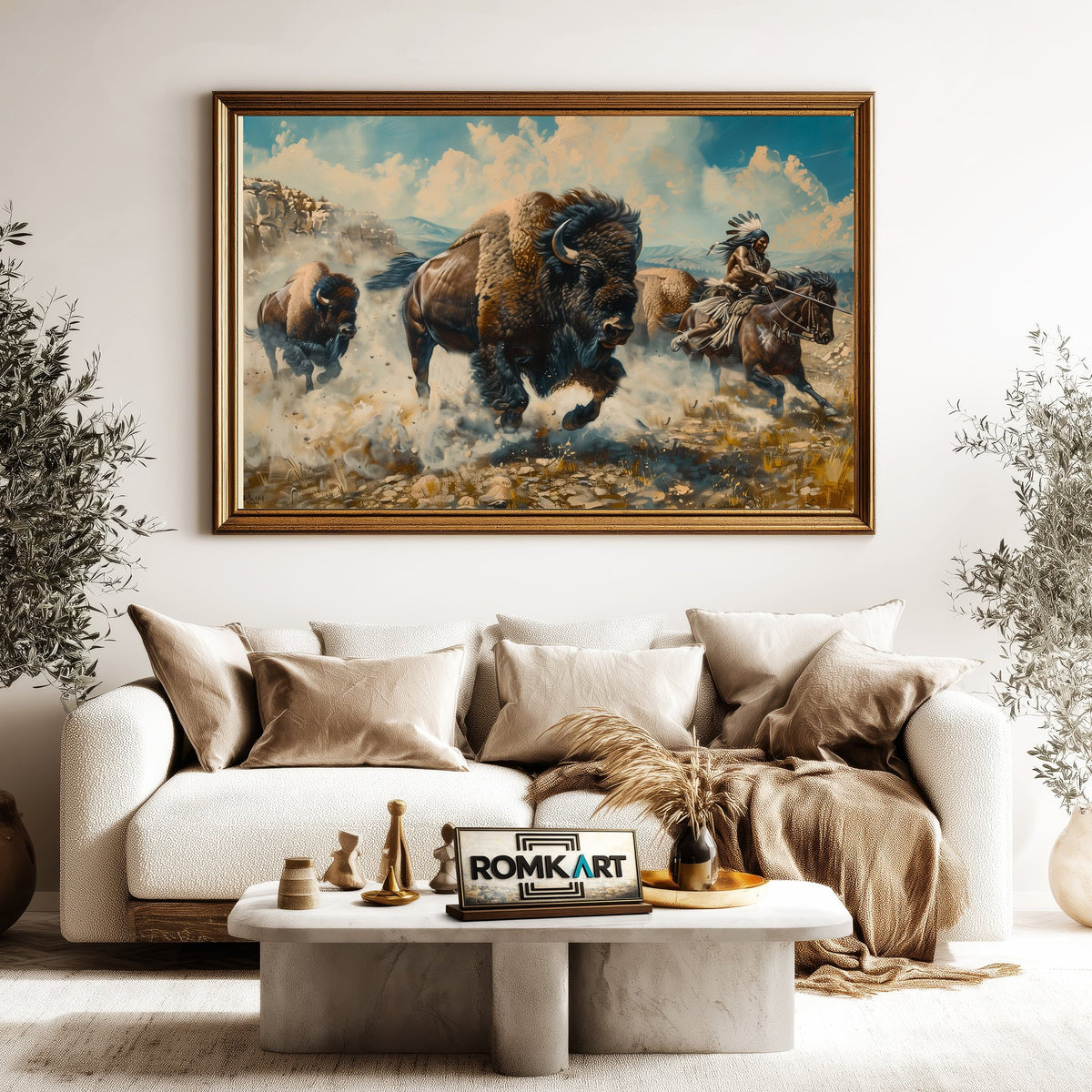 Native American warriors hunting bison Oil Painting - image 5