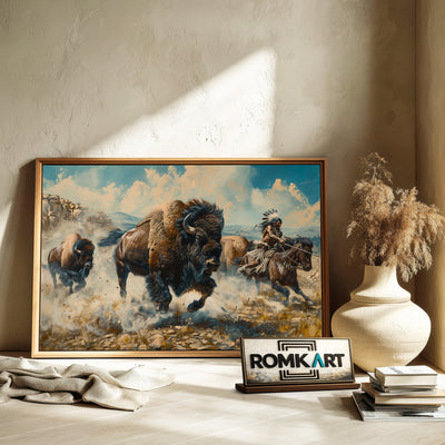 Native American warriors hunting bison Oil Painting - image 6