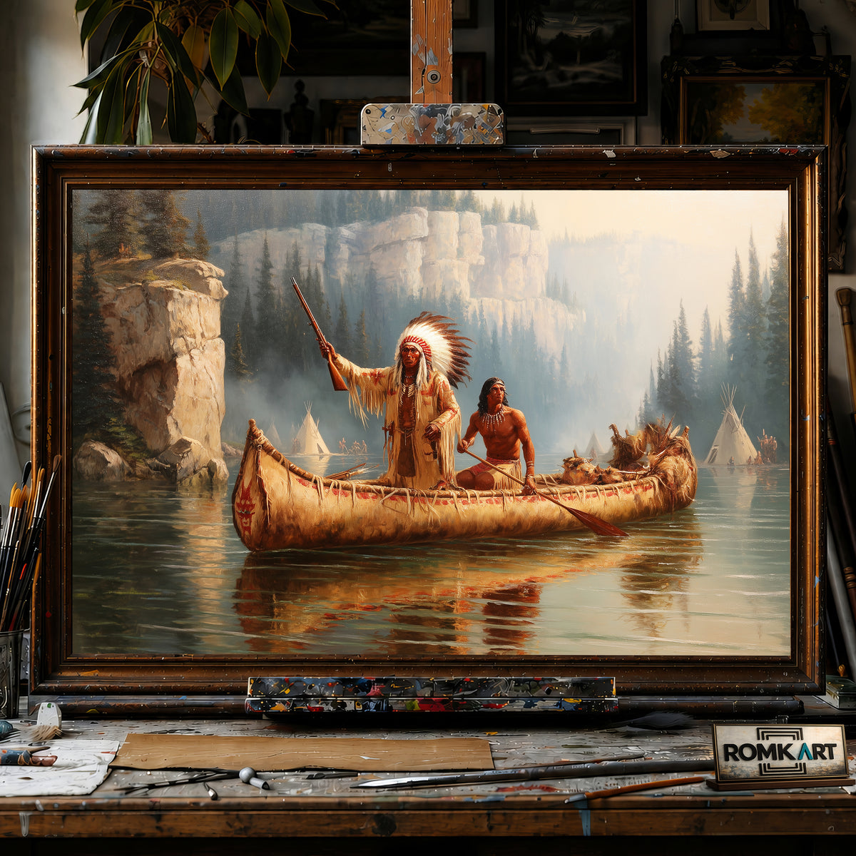 Native American Warriors on Birchbark Canoe hand-painted oil painting on canvas