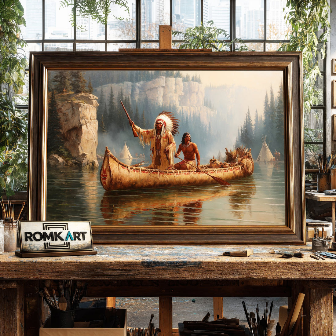 Native American Warriors on Birchbark Canoe hand-painted oil painting on canvas