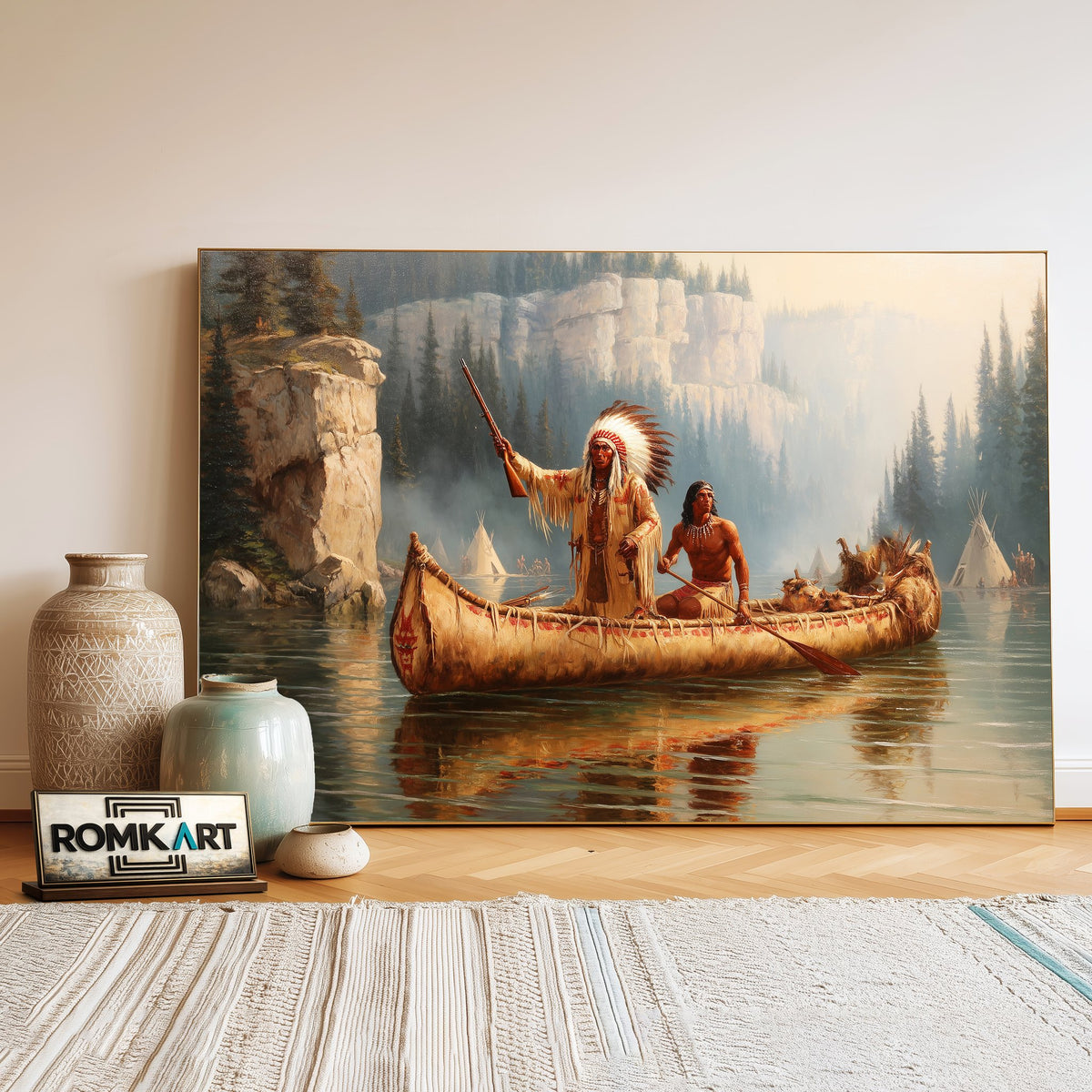 Native American Warriors on Birchbark Canoe Oil Painting - image 3