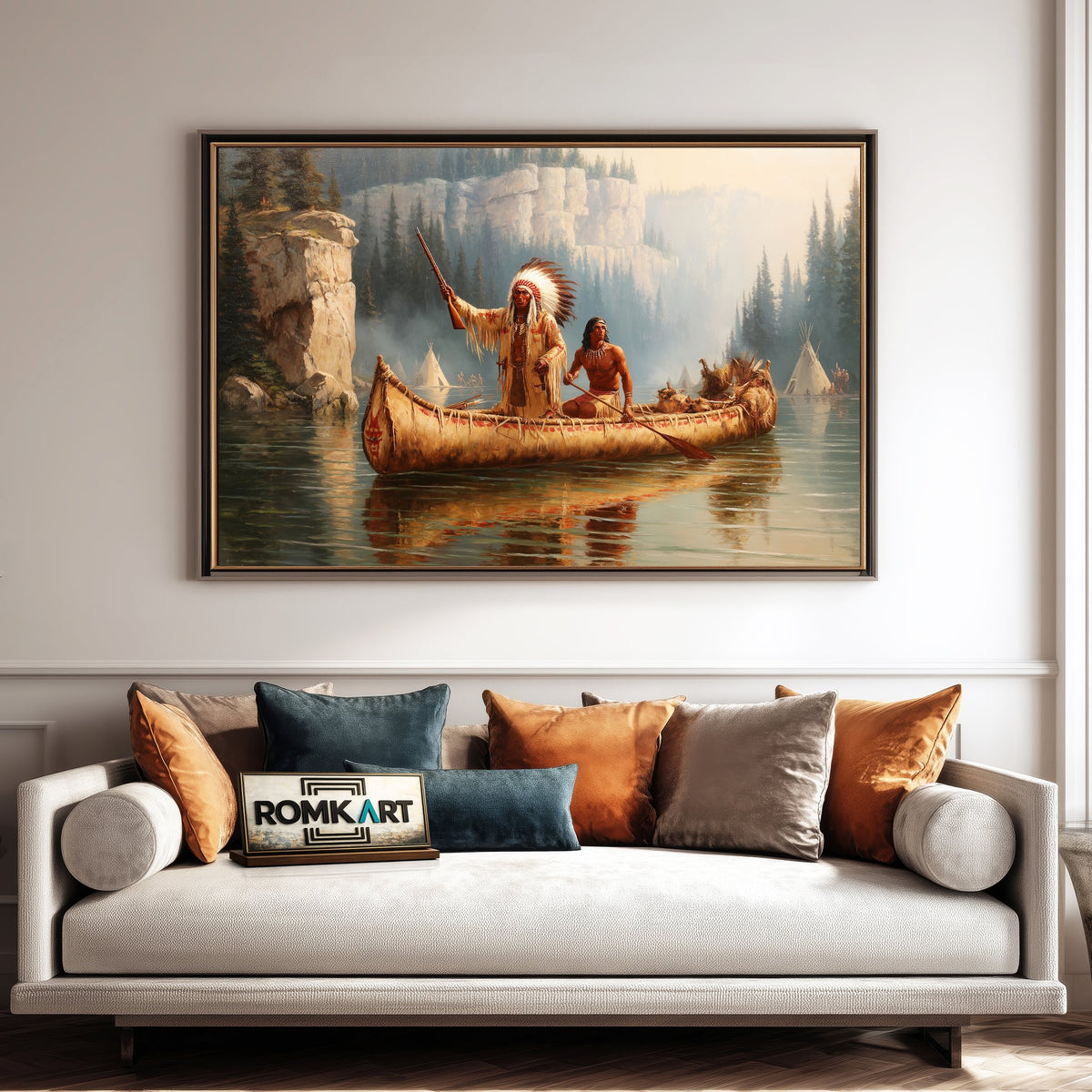 Native American Warriors on Birchbark Canoe Oil Painting - image 4