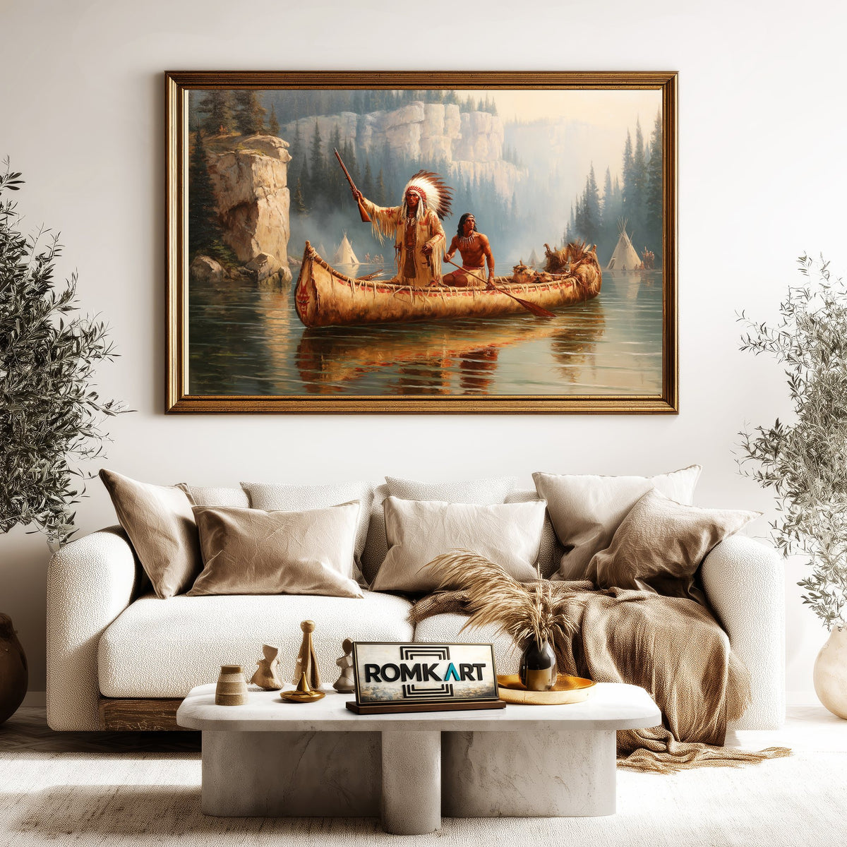 Native American Warriors on Birchbark Canoe Oil Painting - image 5