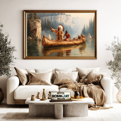 Native American Warriors on Birchbark Canoe Oil Painting - image 5