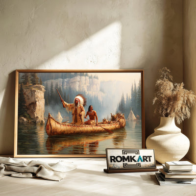 Native American Warriors on Birchbark Canoe Oil Painting - image 6