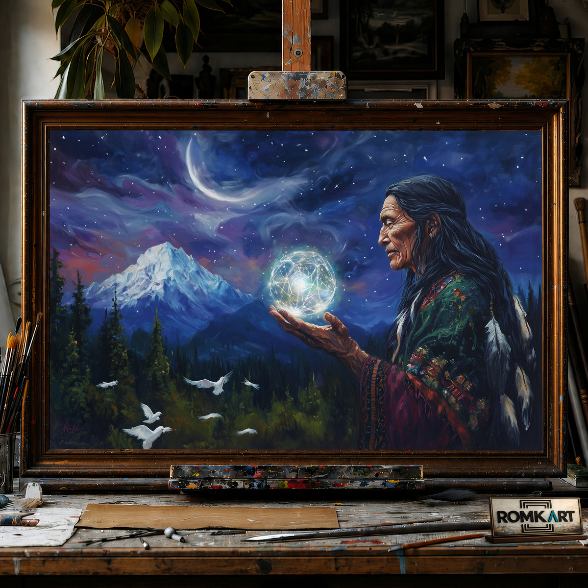 Native American Wizard Elder hand-painted oil painting on canvas