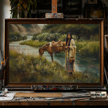 Native American Woman and Horse hand-painted oil painting on canvas