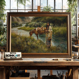 Native American Woman and Horse Oil Painting - image 2