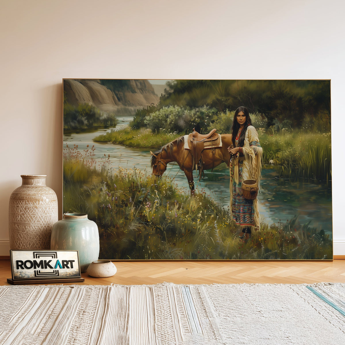 Native American Woman and Horse Oil Painting - image 3