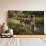Native American Woman and Horse Oil Painting - image 3