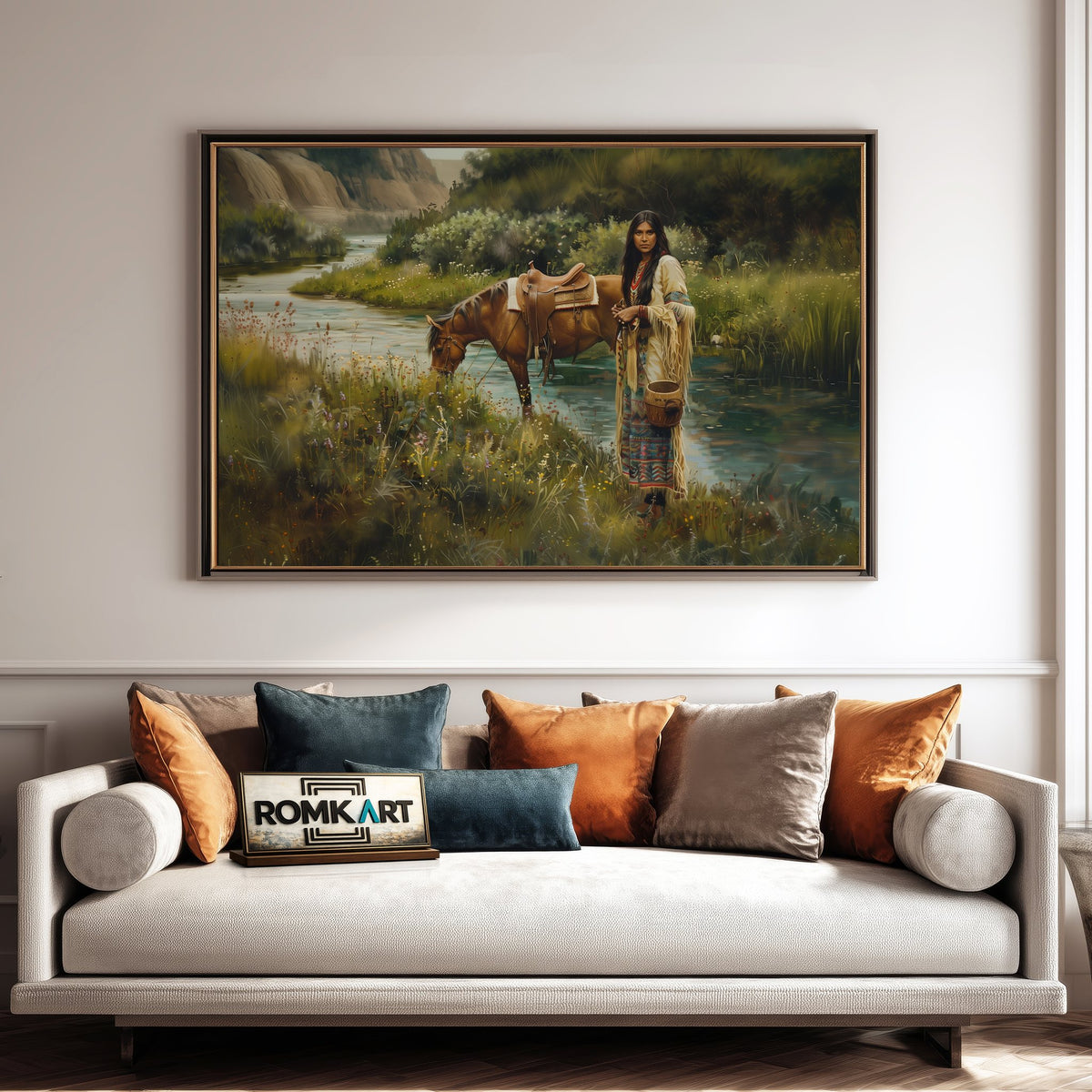 Native American Woman and Horse Oil Painting - image 4