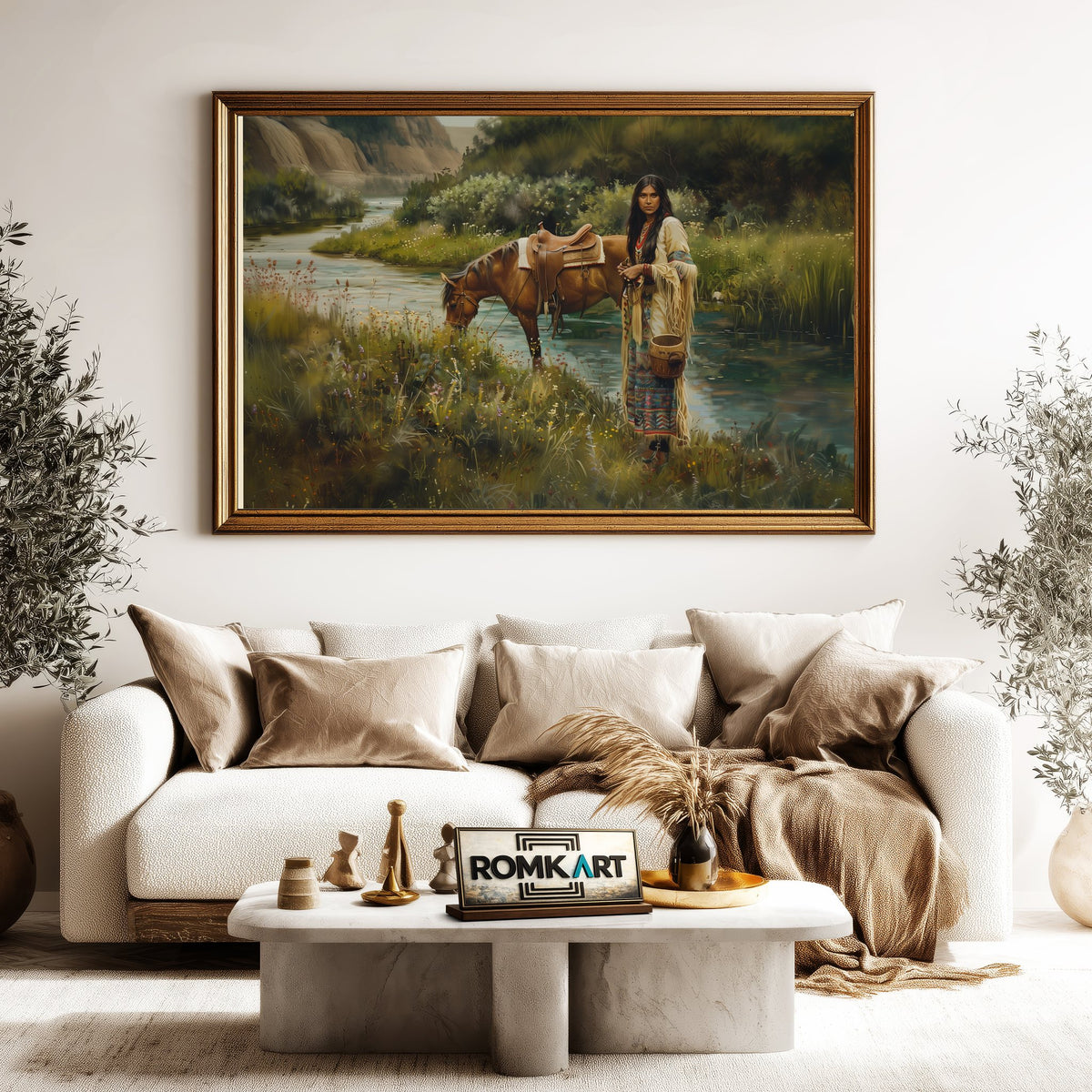 Native American Woman and Horse Oil Painting - image 5