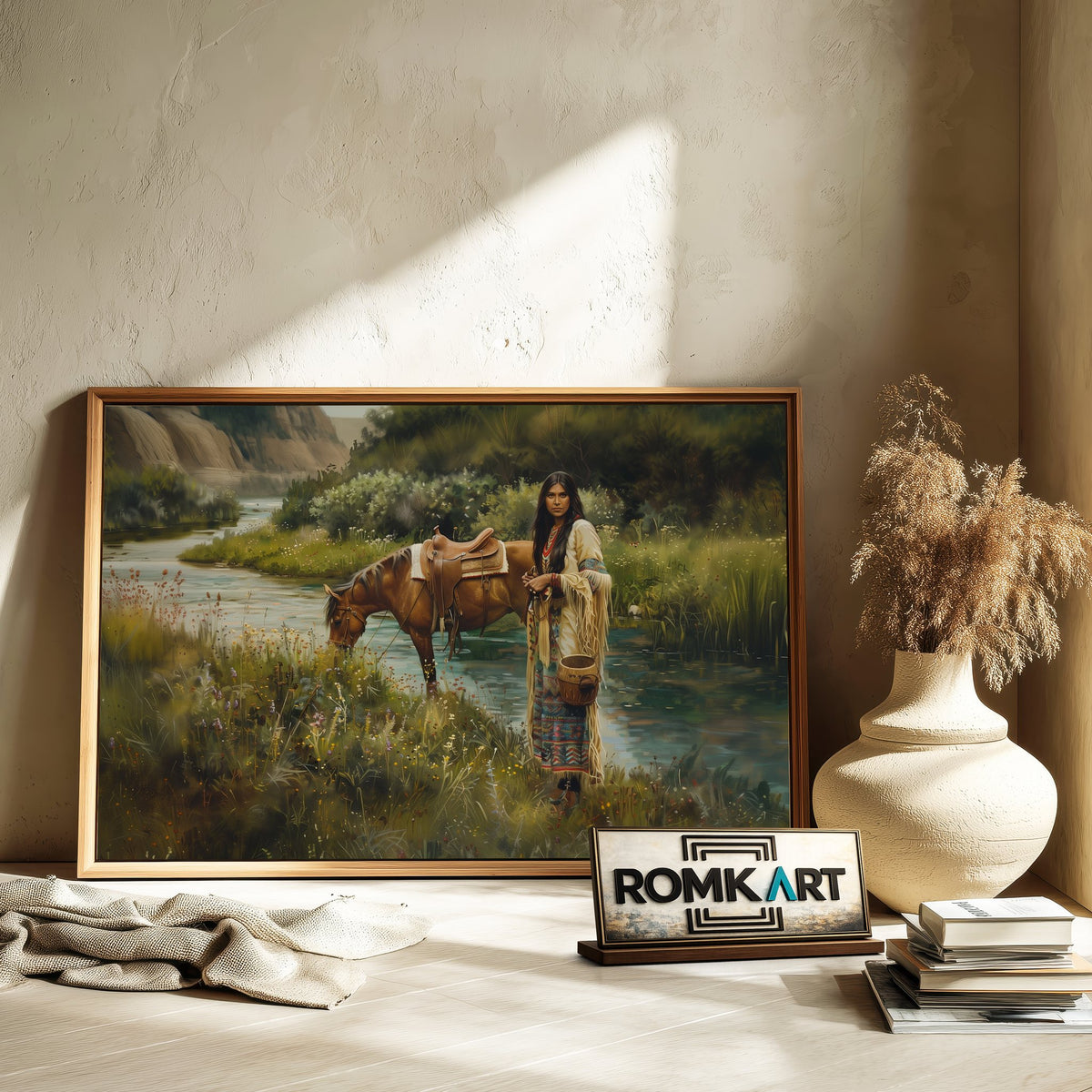 Native American Woman and Horse Oil Painting - image 6