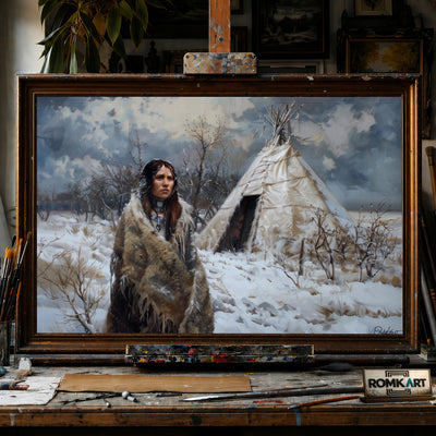 Native American Woman and Teepee hand-painted oil painting on canvas