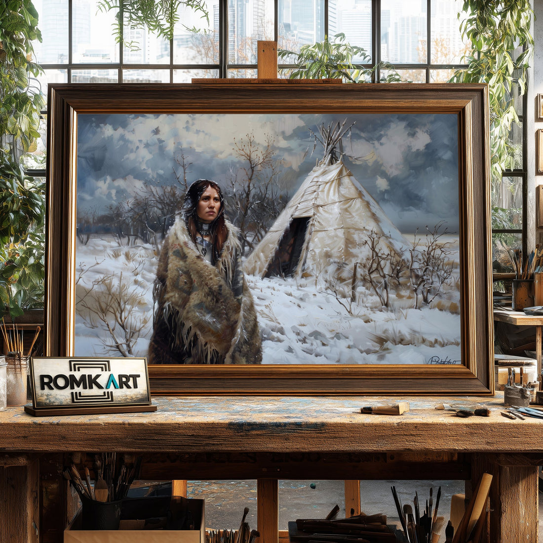 Native American Woman and Teepee hand-painted oil painting on canvas
