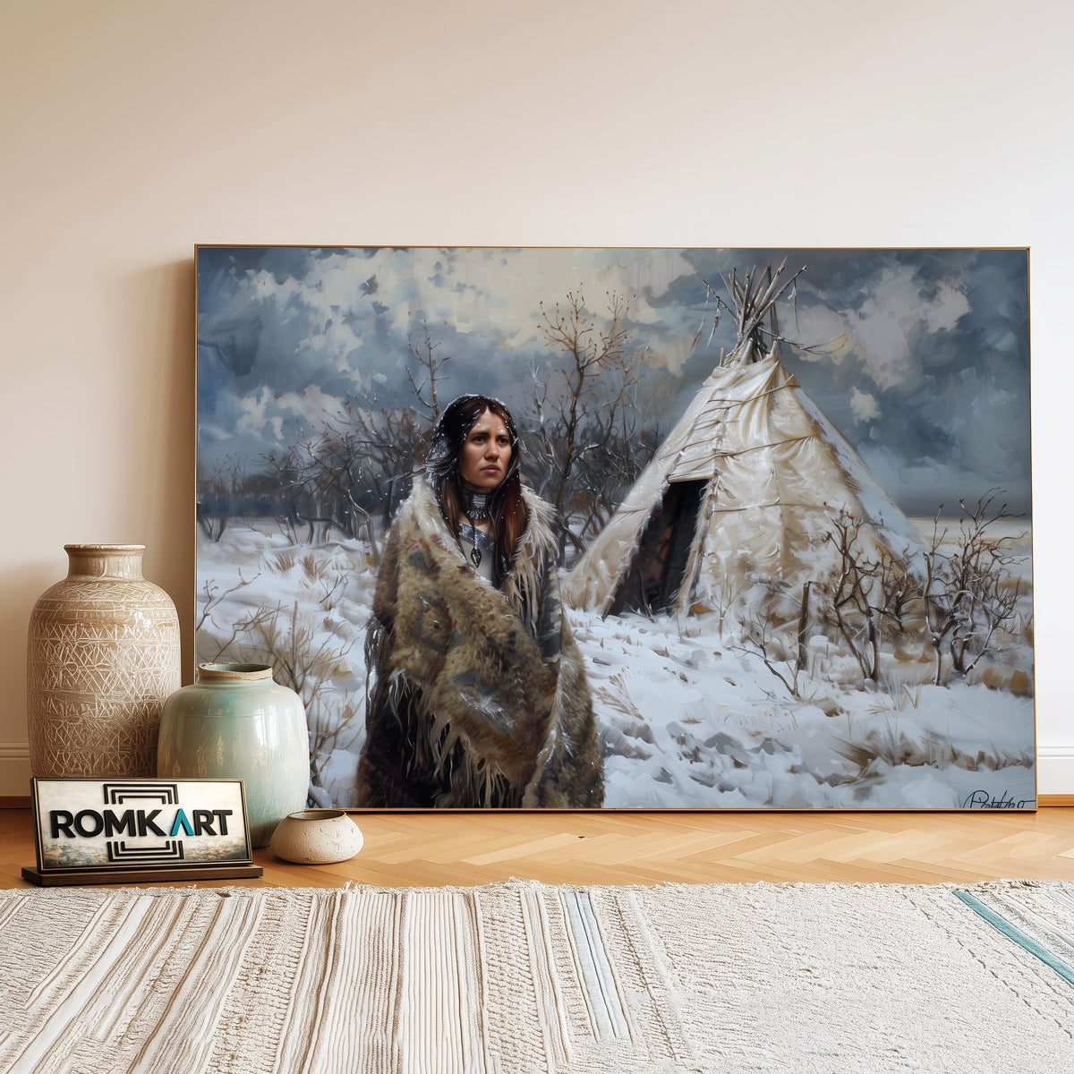Native American Woman and Teepee Oil Painting - image 3